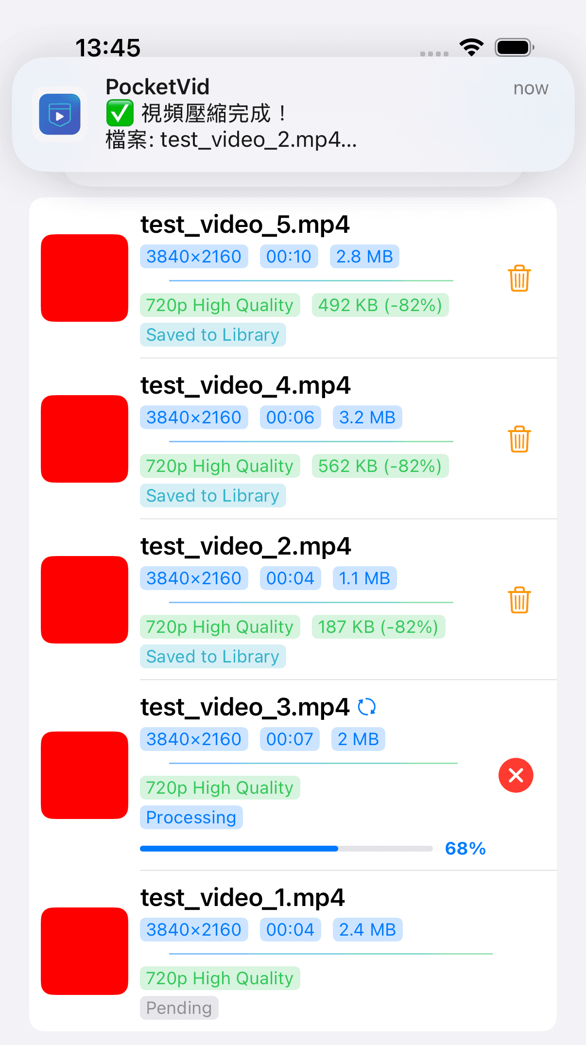 PocketVid compressing a queue of videos on iPhone, showing each file shrinking by 82 percent